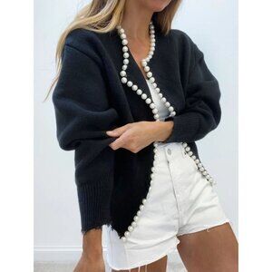 Commense Women's Cardigan Sweater Sz M Blue Pearl Trim Ripped Hem Open Front